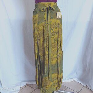 Vaho Long Boho Skirt Lemon Green Lined Slit Bow Maxi Floral Design Size S NWT
